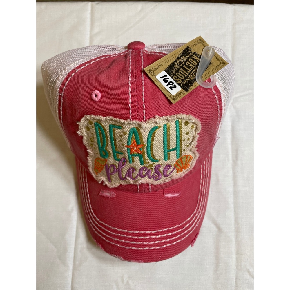 KBETHOS Trucker Hat Women OS Pink NWT Beach Please Distressed Mesh Snapback Cap
